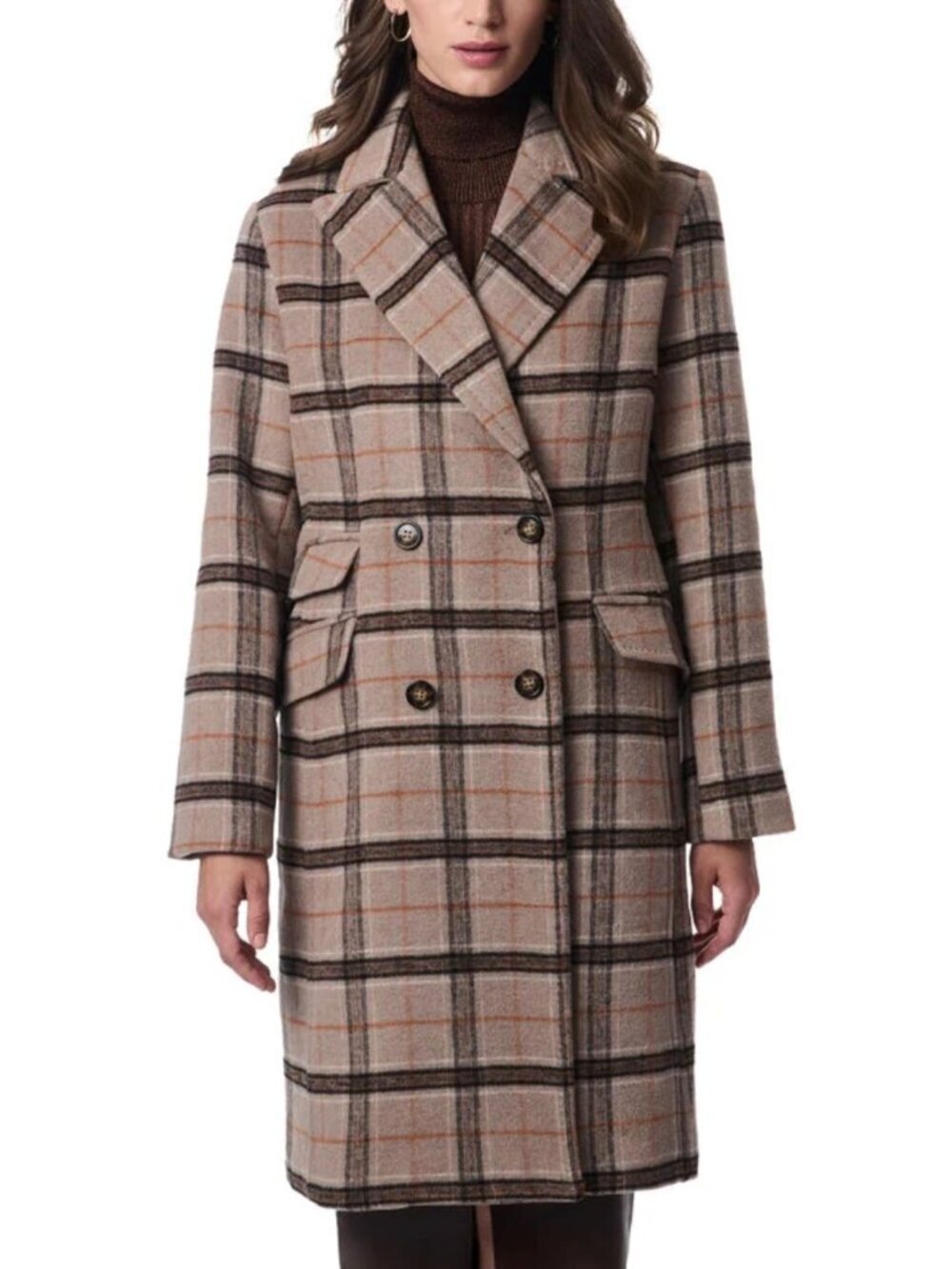 NWT BERNARDO Wool Plaid Double Breasted Coat Brown Tan Rust Plaid Small